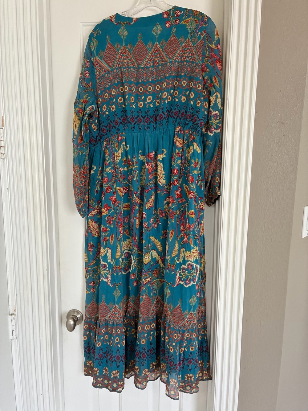 Soft Surroundings Mirapani Teal Floral Embroidered Tassel Maxi Dress - Picture 3 of 8